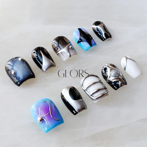 [GLORS] Purely Handmade Press On Nails | AI Cyberpunk Metallic Short Square – 10 Pieces