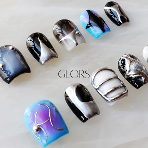 [GLORS] Purely Handmade Press On Nails | AI Cyberpunk Metallic Short Square – 10 Pieces