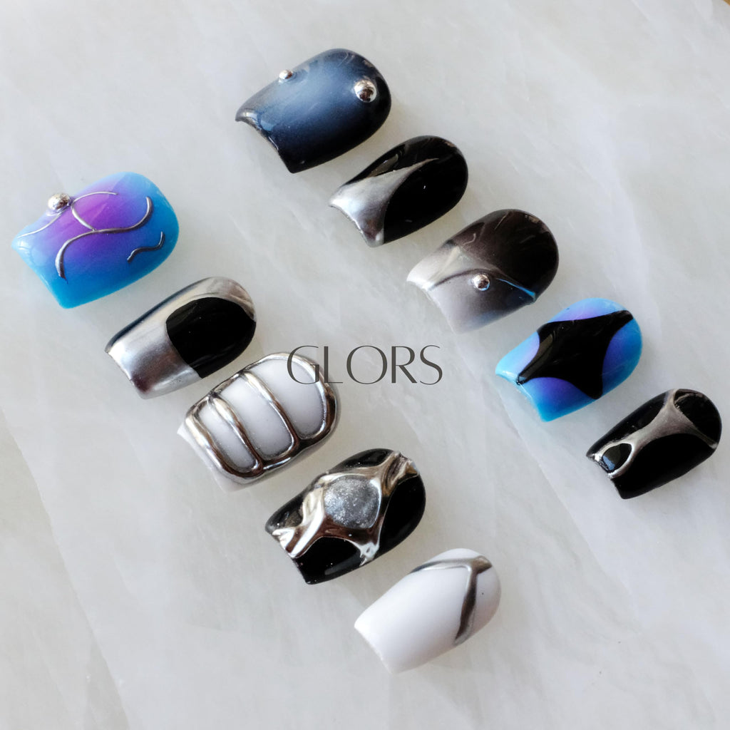 [GLORS] Purely Handmade Press On Nails | AI Cyberpunk Metallic Short Square – 10 Pieces