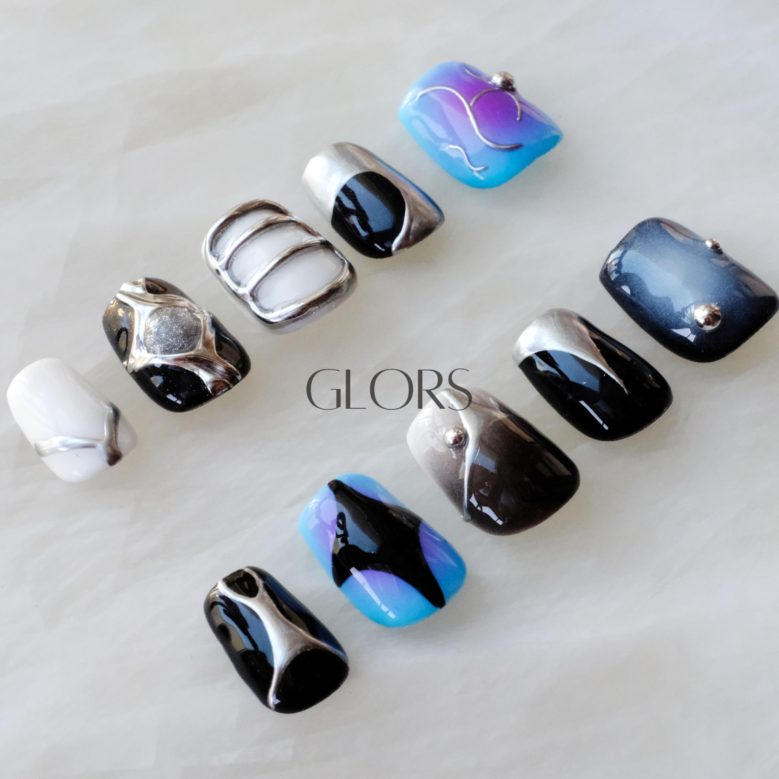 [GLORS] Purely Handmade Press On Nails | AI Cyberpunk Metallic Short Square – 10 Pieces