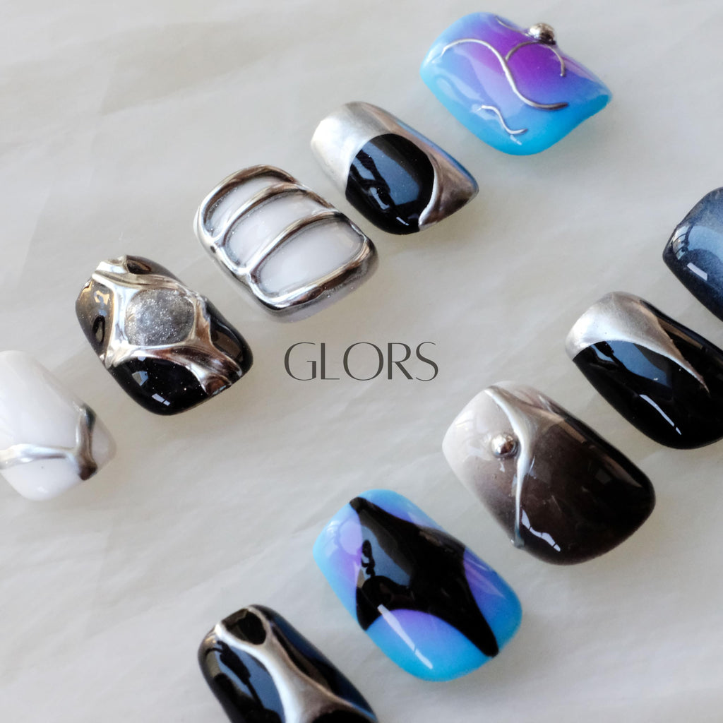 [GLORS] Purely Handmade Press On Nails | AI Cyberpunk Metallic Short Square – 10 Pieces
