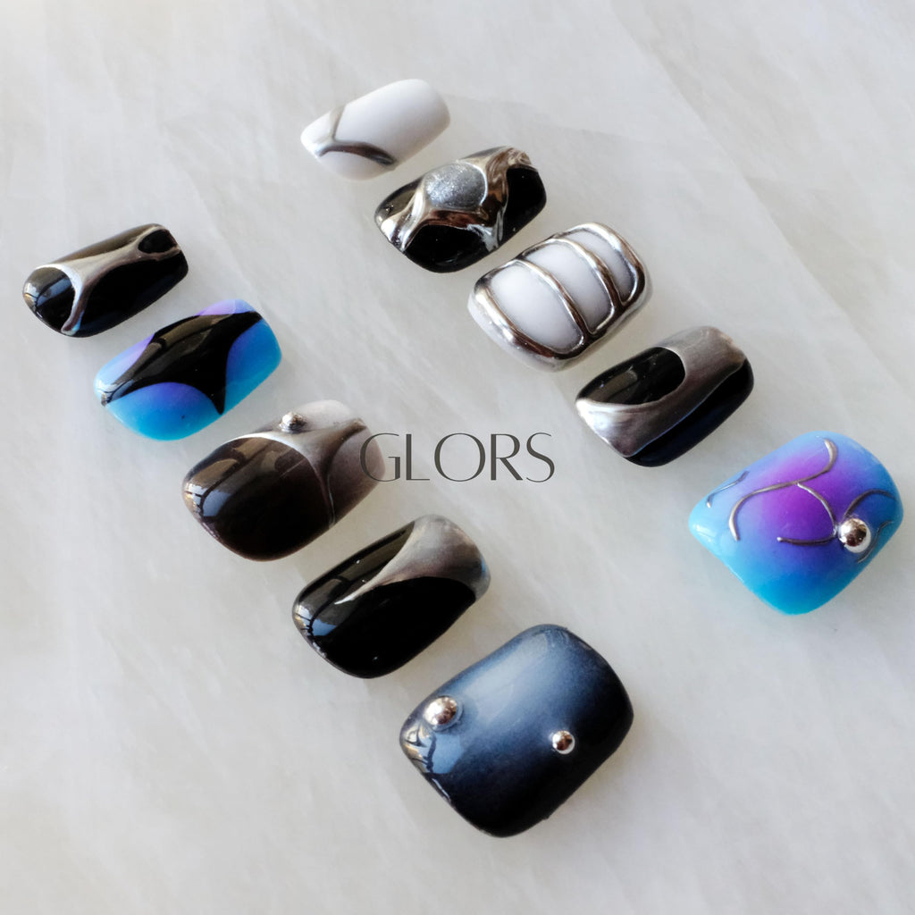[GLORS] Purely Handmade Press On Nails | AI Cyberpunk Metallic Short Square – 10 Pieces