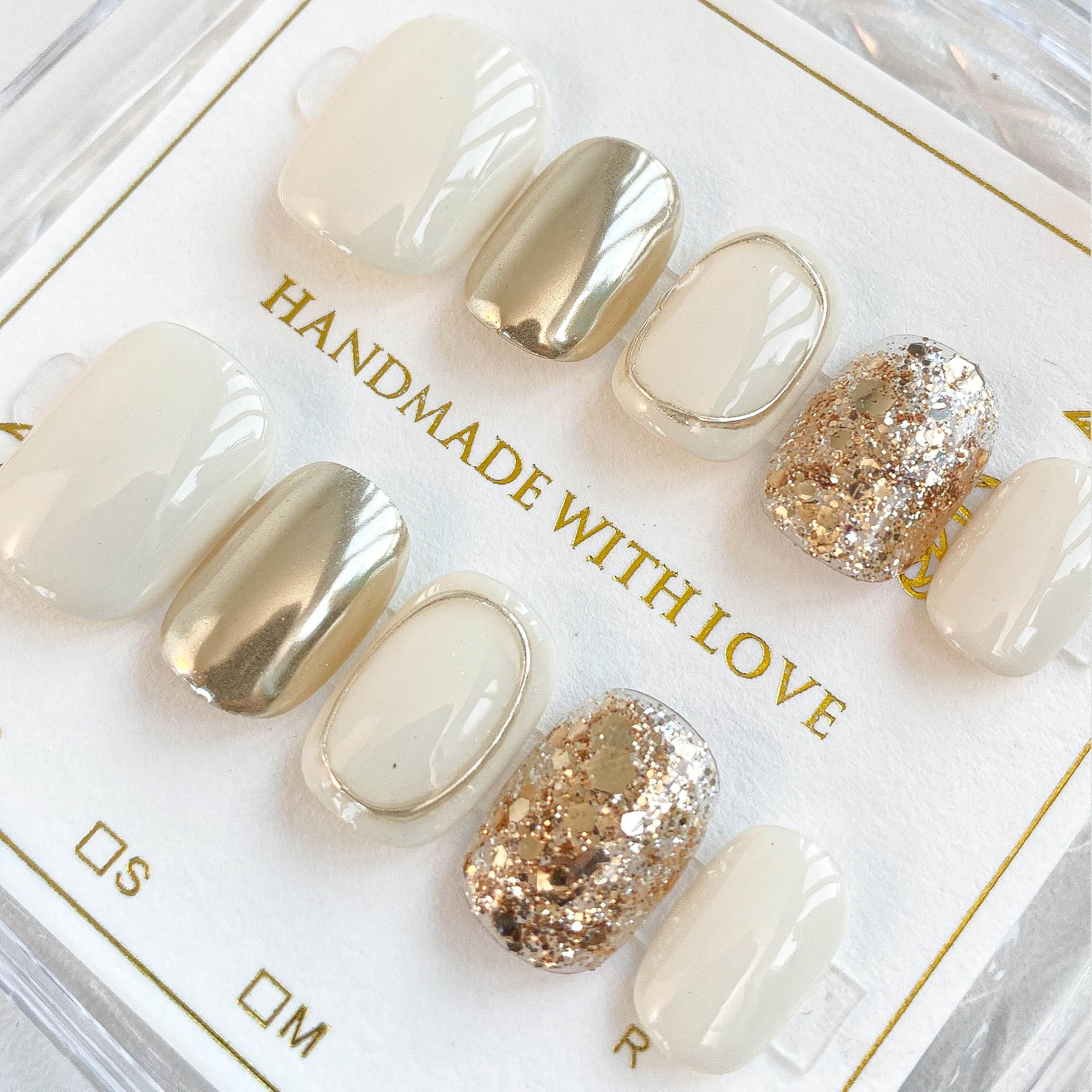 GLORS Purely Handmade Press On Nails | Beige Gold Glitter Short Square 10-Piece Set | Salon Quality