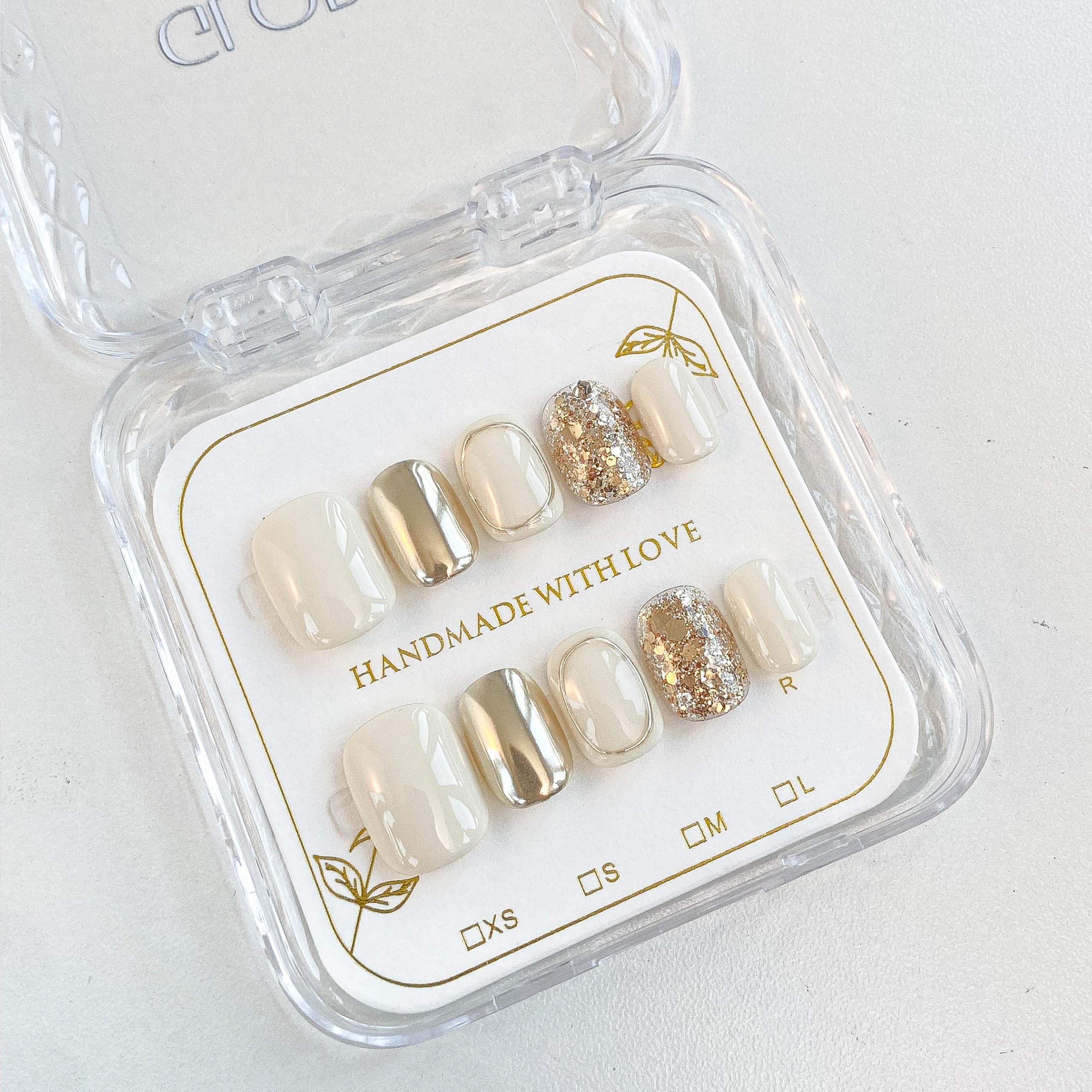 GLORS Purely Handmade Press On Nails | Beige Gold Glitter Short Square 10-Piece Set | Salon Quality