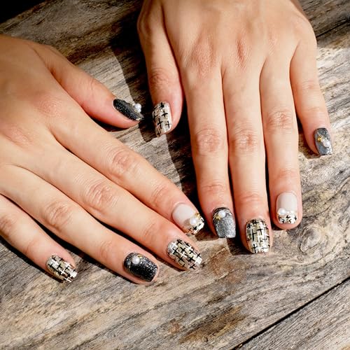 GLORS Purely Handmade Press On Nails | Gold & Pearl Short Square, 10 Pcs (Medium, SS)