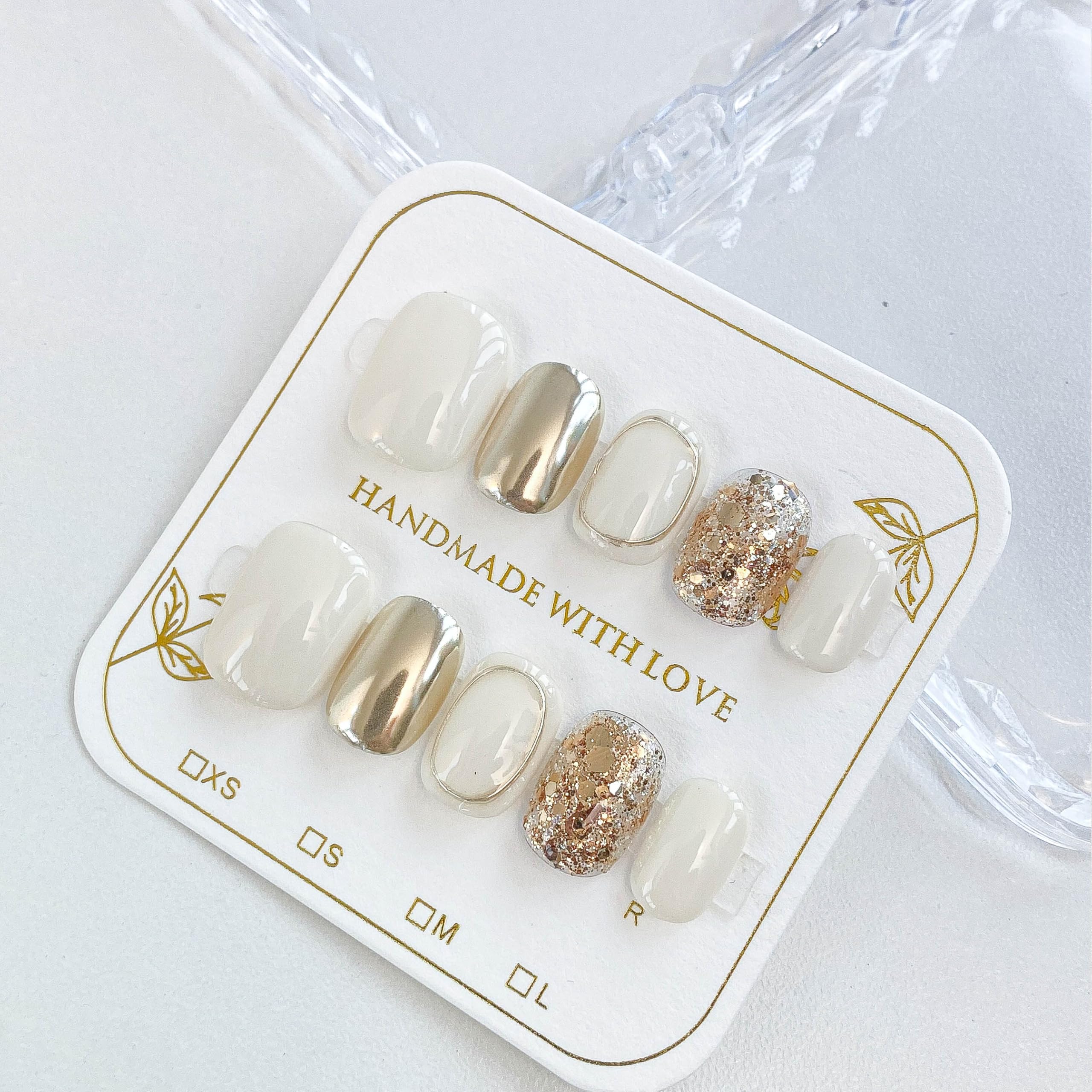 GLORS Purely Handmade Press On Nails | Beige Gold Glitter Short Square 10-Piece Set | Salon Quality