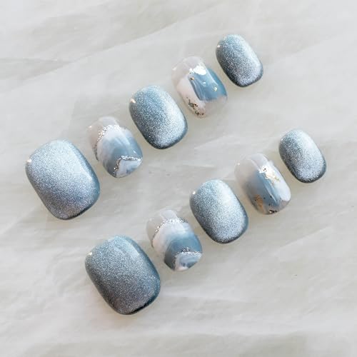 GLORS Purely Handmade Press On Nails – Blue & White Glitter Snow Mountain, Short Square, 10 Pieces
