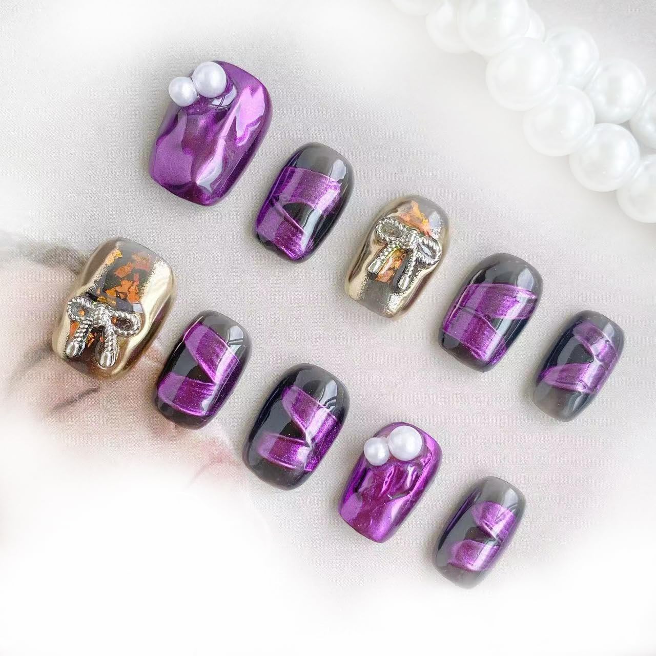 [GLORS] Purely Handmade Press On Nails – Purple Mirror Powder, Short Square, 10 Pcs (Medium, SS)