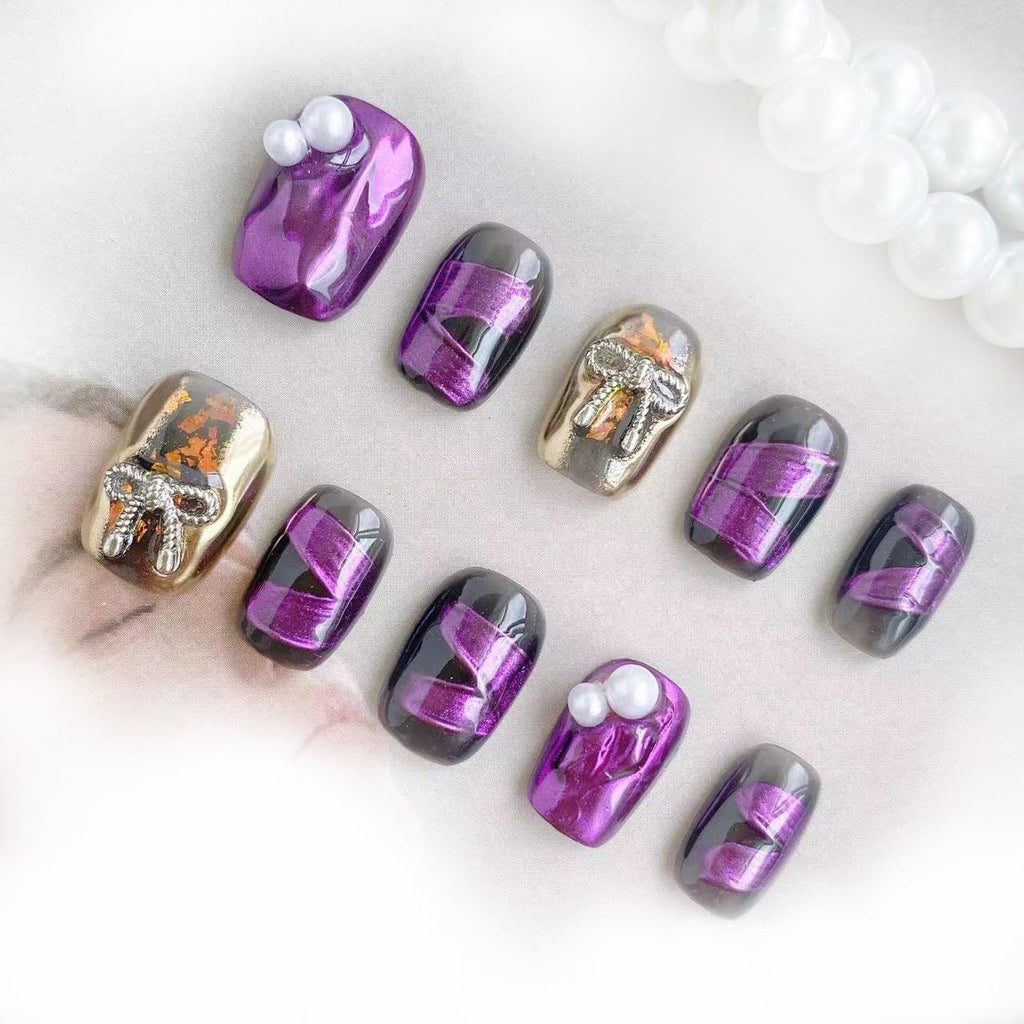 GLORS Purely Handmade Press On Nails | Purple Mirror Powder Short Square | 10-Piece Set (XS, SS)