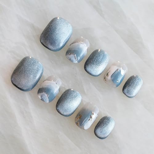GLORS Purely Handmade Press On Nails – Blue & White Glitter Snow Mountain, Short Square, 10 Pieces
