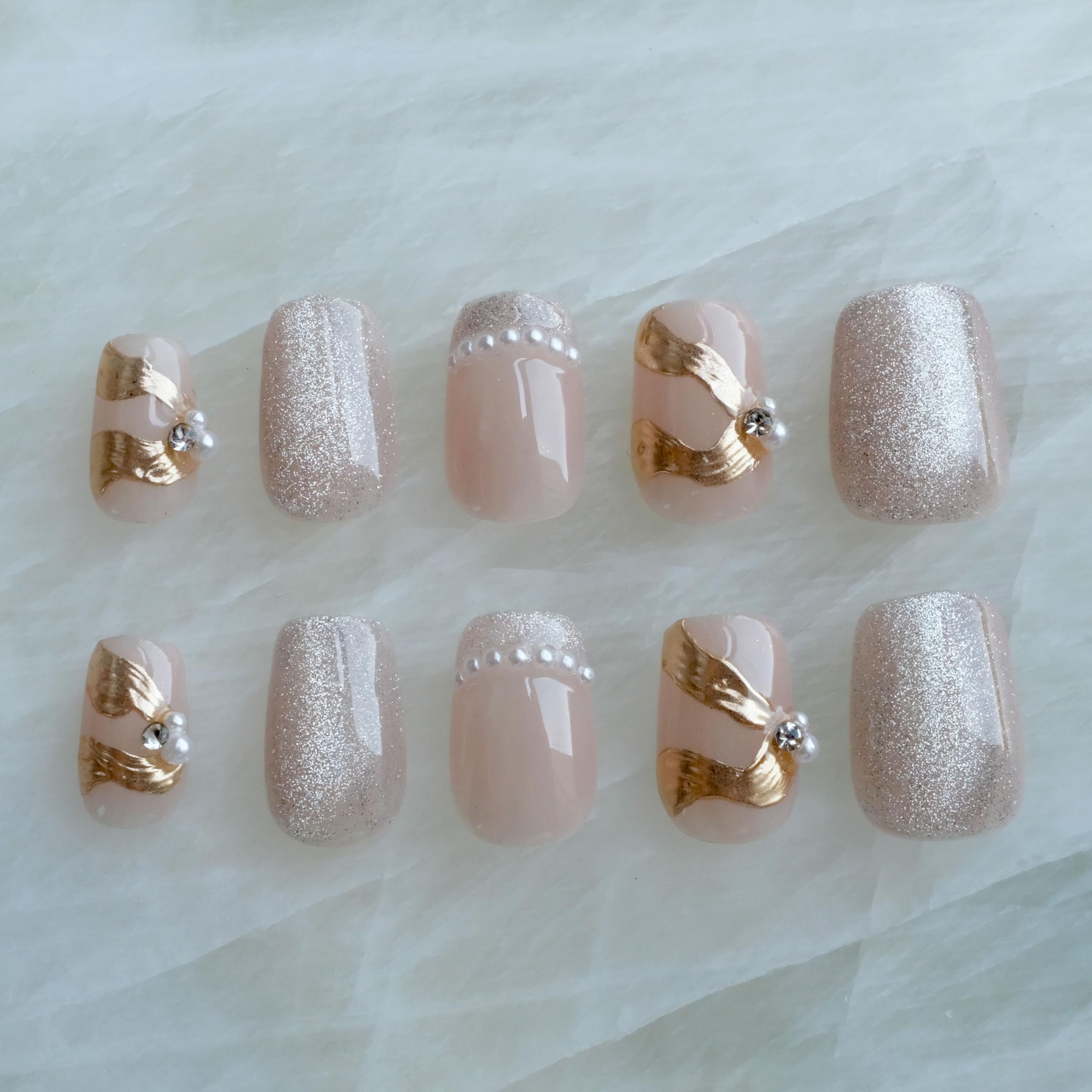 GLORS Purely Handmade Press On Nails – Elegant French Pink Pearl Gold, Short Square, 10 pcs (Medium SS)
