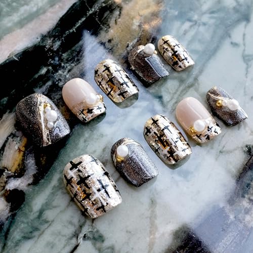 GLORS Purely Handmade Press On Nails | Gold & Pearl Short Square, 10 Pcs (Medium, SS)