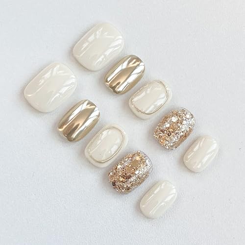 GLORS Purely Handmade Press On Nails | Beige Gold Glitter Short Square 10-Piece Set | Salon Quality