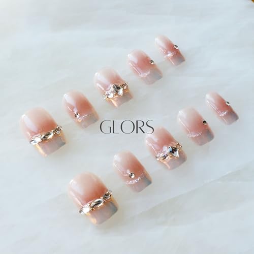 GLORS Moon Dream Purely Handmade Press On Nails – French-Style Pink with Diamond | Short Square 10-Piece Set (Large, SS)