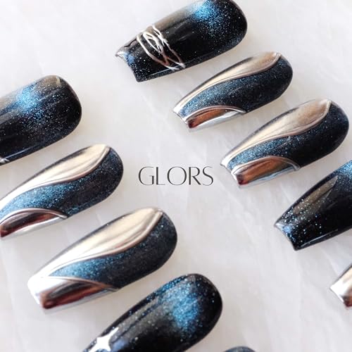 GLORS Purly Handmade Medium Ballerina Press-On Nails – Galaxy Cat-Eye Luxe (10 Pieces, Small, MB)