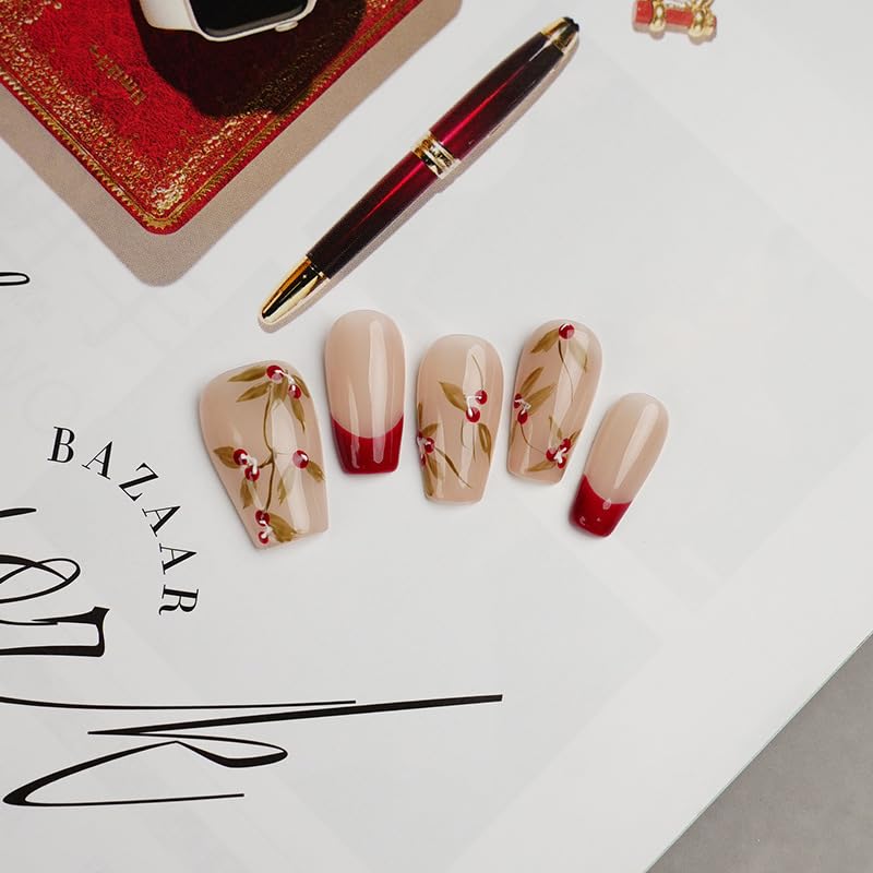 GLORS Purly Handmade Medium Ballerina Press-On Nails | Red French Tip with Cherry – 10 Pieces (Medium)