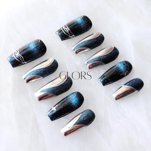 GLORS Purly Handmade Medium Ballerina Press-On Nails – Galaxy Cat-Eye Luxe (10 Pieces, Small, MB)