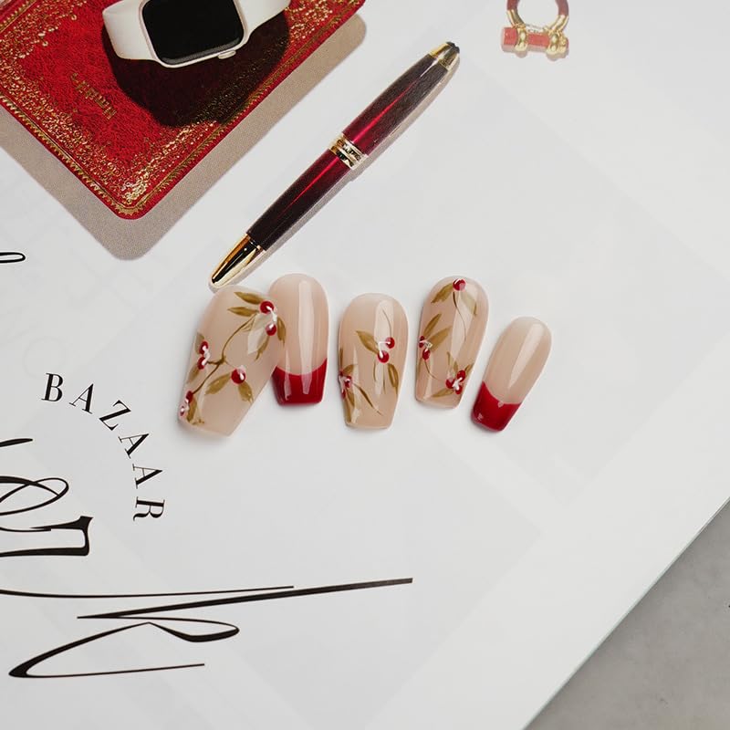 GLORS Purly Handmade Medium Ballerina Press-On Nails | Red French Tip with Cherry – 10 Pieces (Medium)