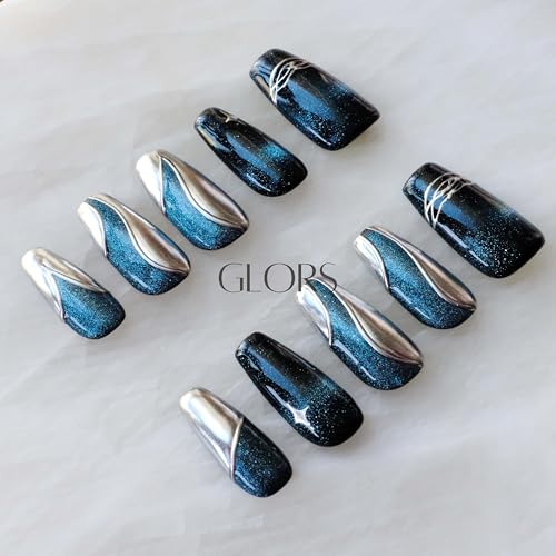 GLORS Purly Handmade Medium Ballerina Press-On Nails – Galaxy Cat-Eye Luxe (10 Pieces, Small, MB)