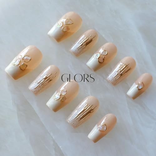 GLORS Purly Handmade Medium Ballerina Press-On Nails – Shell Piece Mica Love, 10 Pieces (MB)