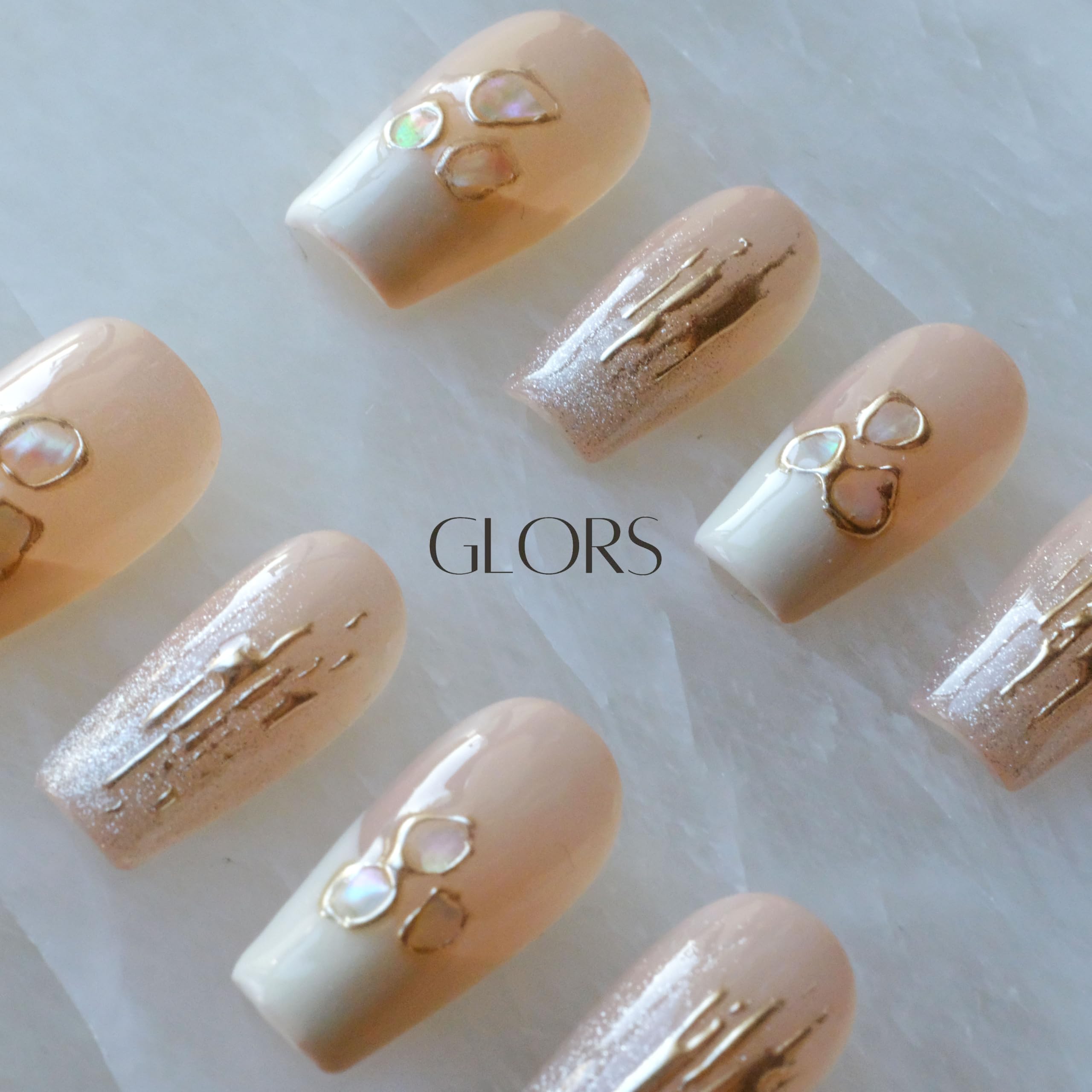 GLORS Purly Handmade Medium Ballerina Press-On Nails – Shell Piece Mica Love, 10 Pieces (MB)