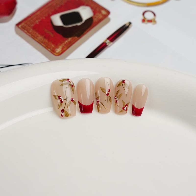 GLORS Purly Handmade Medium Ballerina Press-On Nails | Red French Tip with Cherry – 10 Pieces (Medium)