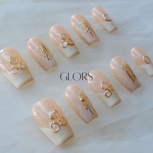 GLORS Purly Handmade Medium Ballerina Press-On Nails – Shell Piece Mica Love, 10 Pieces (MB)