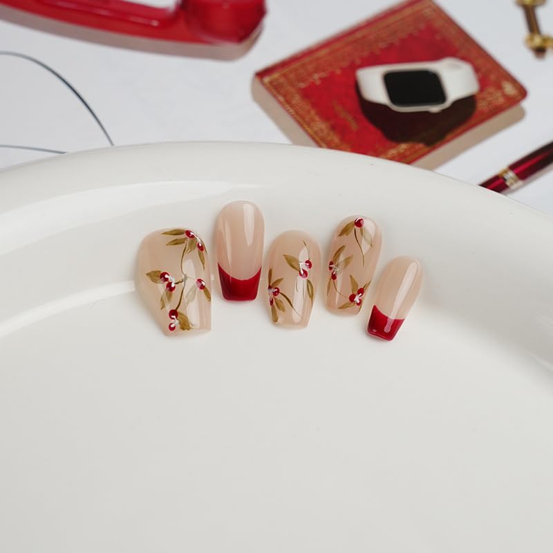 GLORS Purly Handmade Medium Ballerina Press-On Nails | Red French Tip with Cherry – 10 Pieces (Medium)