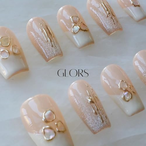 GLORS Purly Handmade Medium Ballerina Press-On Nails – Shell Piece Mica Love, 10 Pieces (MB)