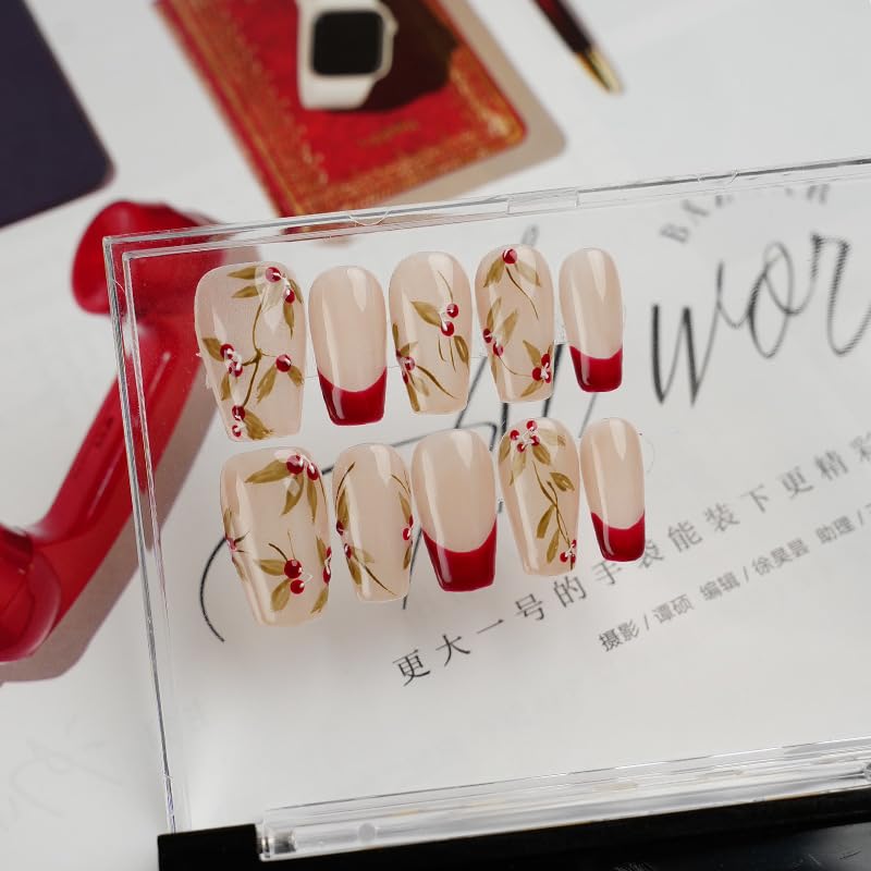 GLORS Purly Handmade Medium Ballerina Press-On Nails | Red French Tip with Cherry – 10 Pieces (Medium)