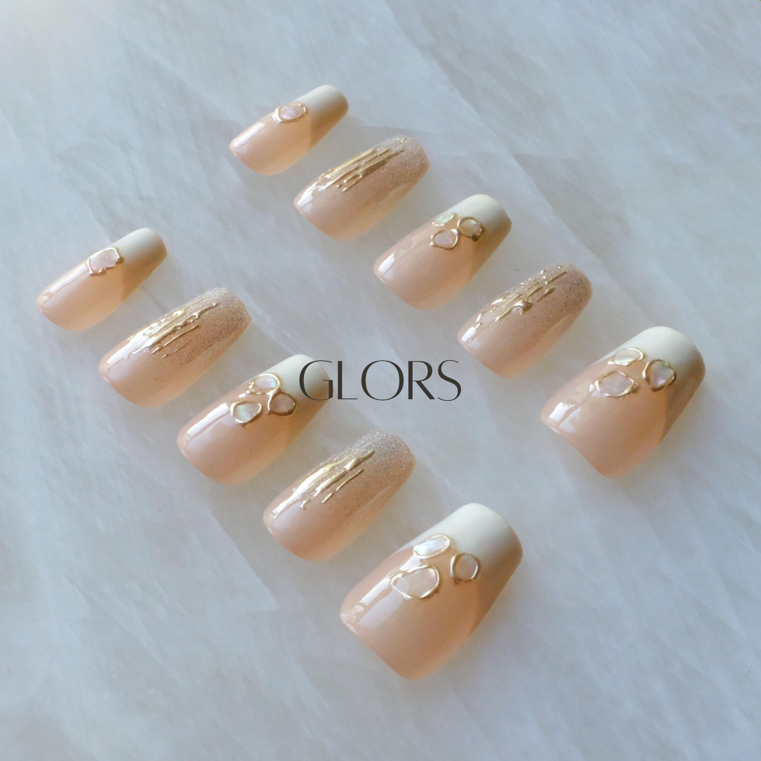 GLORS Purly Handmade Medium Ballerina Press-On Nails – Shell Piece Mica Love, 10 Pieces (MB)