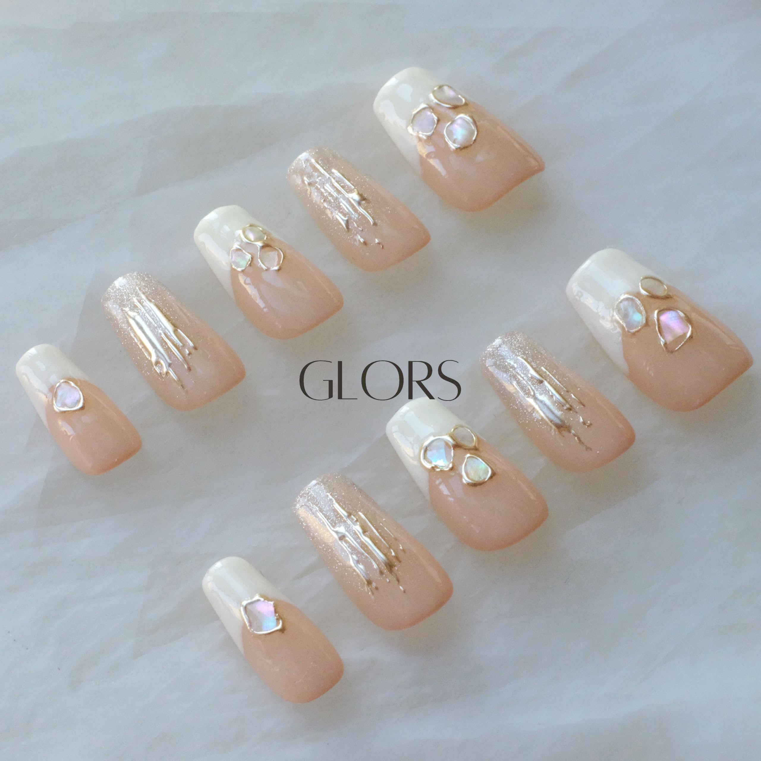 GLORS Purly Handmade Medium Ballerina Press-On Nails – Shell Piece Mica Love, 10 Pieces (MB)