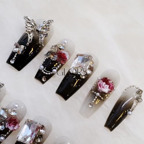 GLORS Handmade Press-On Nails - Long Coffin with 3D Butterfly & Rose, 10-Piece Set (XS, LC)