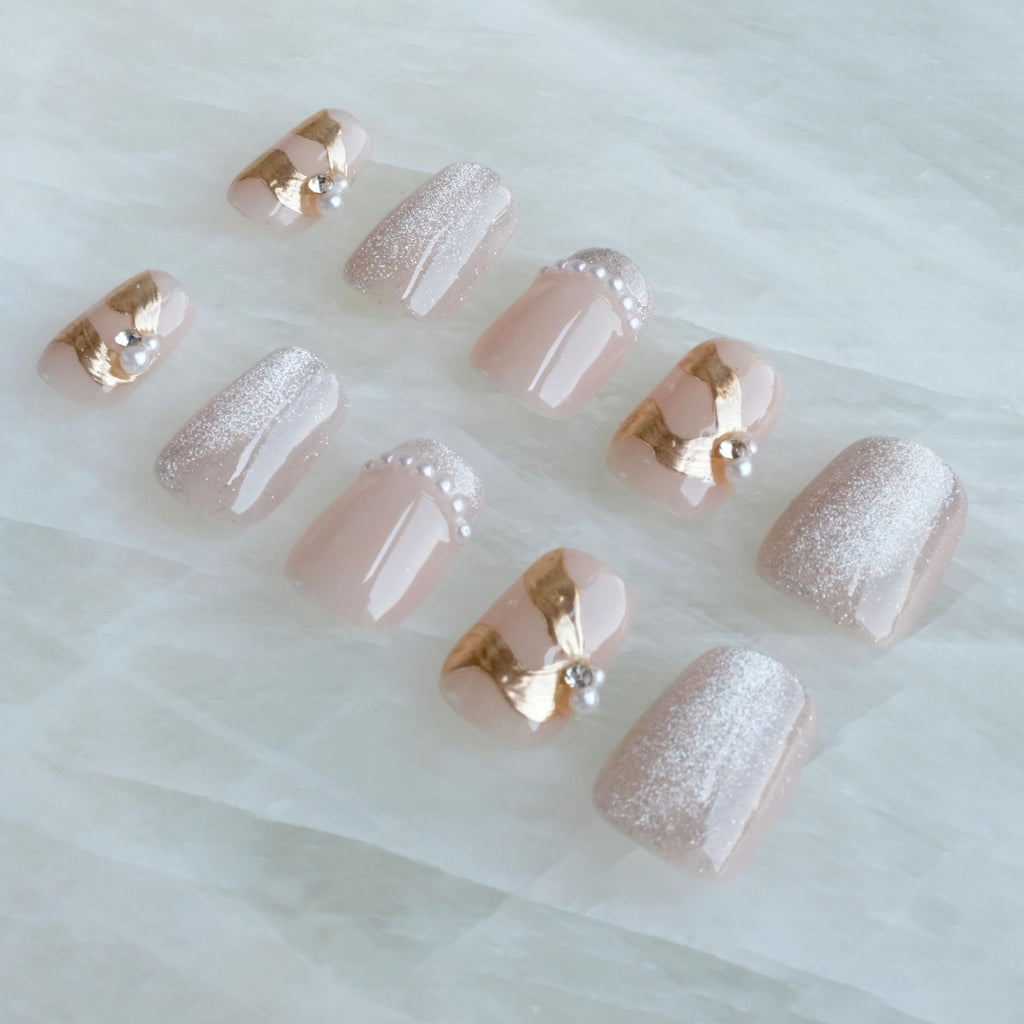 GLORS Purely Handmade Press On Nails – Elegant French Pink Pearl Gold, Short Square, 10 pcs (Medium SS)