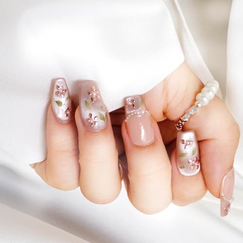 GLORS Medium Ballerina Press-On Nails – Nude Pink with Rose Gold Foil & Pearl Accents (10 pc, XS–MB)