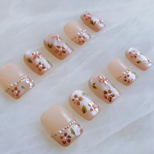 GLORS Short Square Press-On Nails – Nude Pink with Rose Gold Foil & Pearl Accents | 10 Pieces (Large, SS)