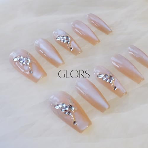 GLORS Press On Nails – Long Ballerina Coffin Nude Pink with Butterfly Rhinestones | 10 Pieces (Small, LB)