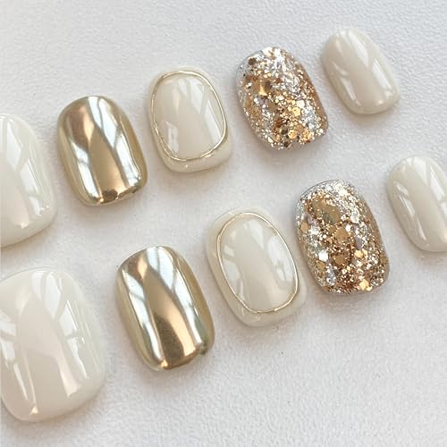GLORS Purely Handmade Press On Nails | Beige Gold Glitter, Short Square, 10 pcs
