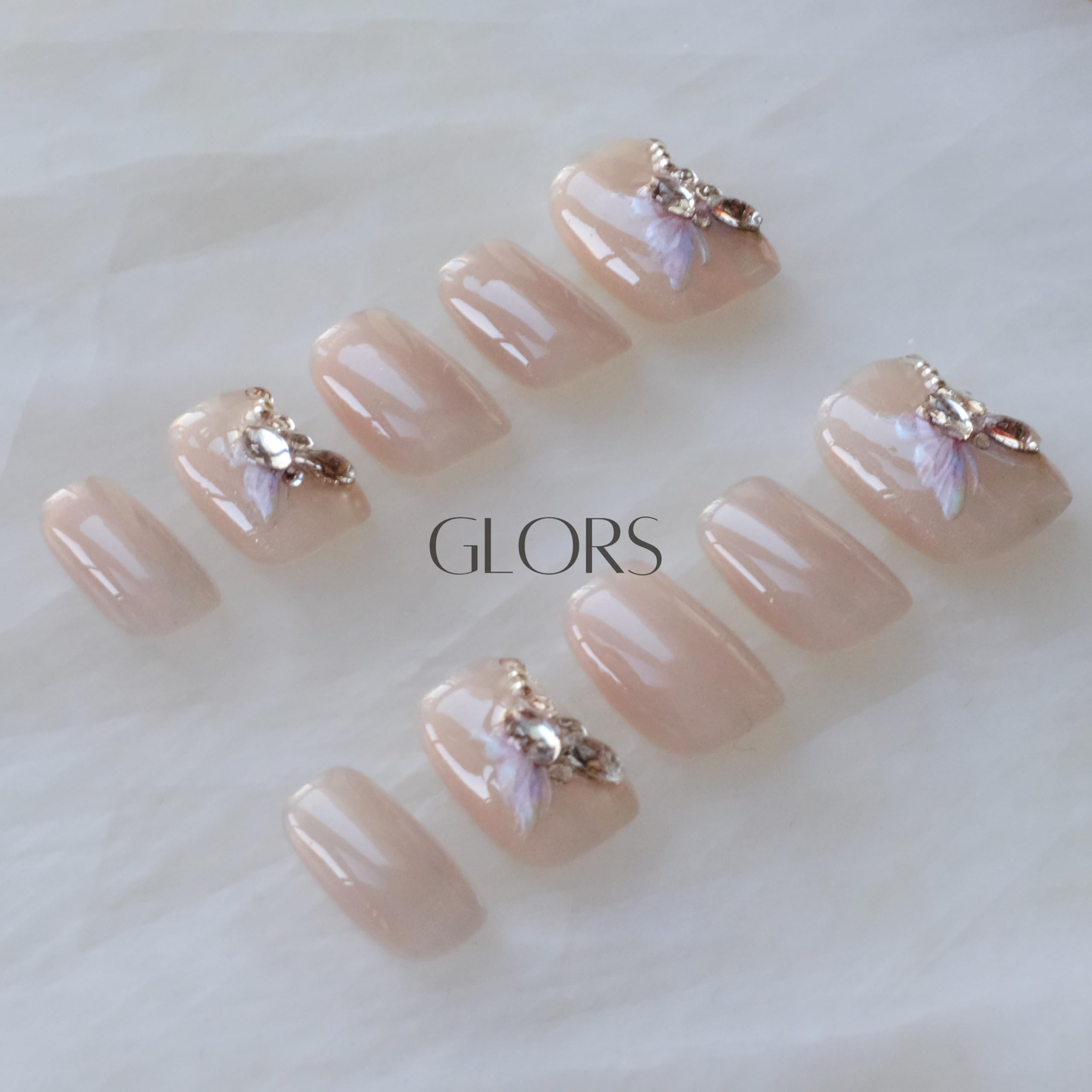GLORS Purely Handmade Short Press On Nails – SCSbutterfly Butterfly Cat-Eye Art, Short Square, 10 Pieces