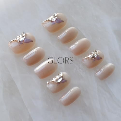 GLORS Purely Handmade Short Press On Nails – SCSbutterfly Butterfly Cat-Eye Art, Short Square, 10 Pieces