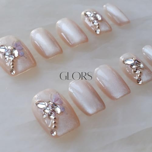 GLORS Purely Handmade Short Press On Nails – Butterfly Cat-Eye Art, 10pcs
