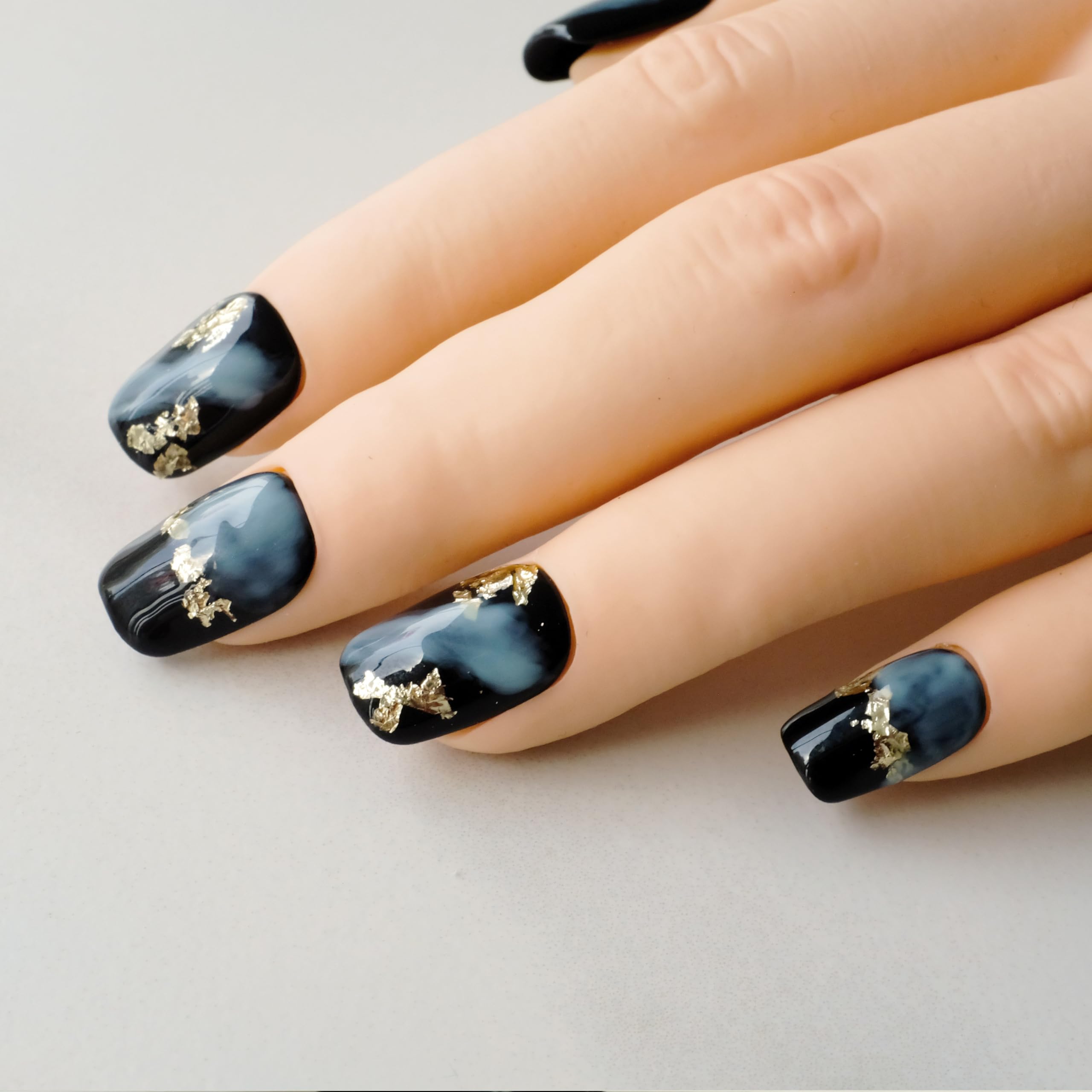 GLORS Short Square Press-On Nails – Black & Blue Marble with Gold Glitter, 10 Pieces (XS-SS)