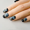 GLORS Short Square Press-On Nails – Black & Blue Marble with Gold Glitter (10 Pcs, Medium, SS)