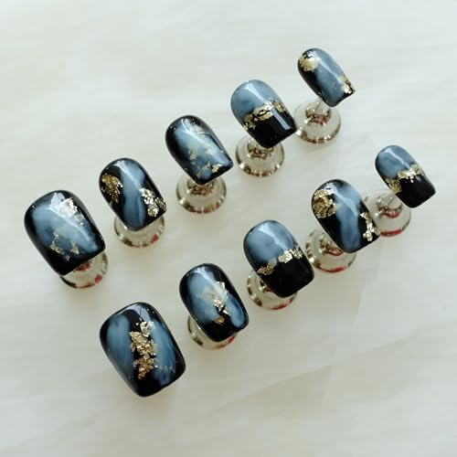 GLORS Short Square Press-On Nails – Black & Blue Marble with Gold Glitter (10 pcs, Large SS)