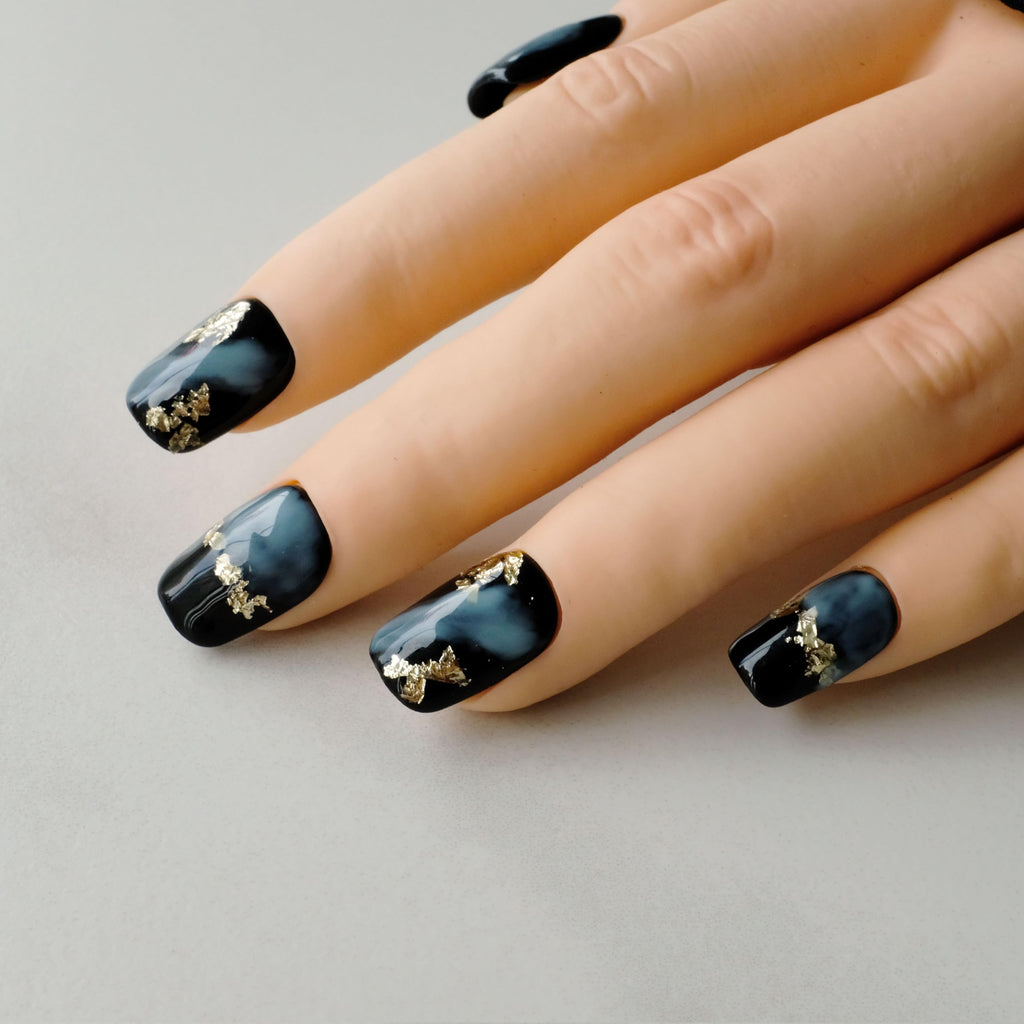 GLORS Short Square Press-On Nails – Black & Blue Marble with Gold Glitter (10 pcs, Large SS)