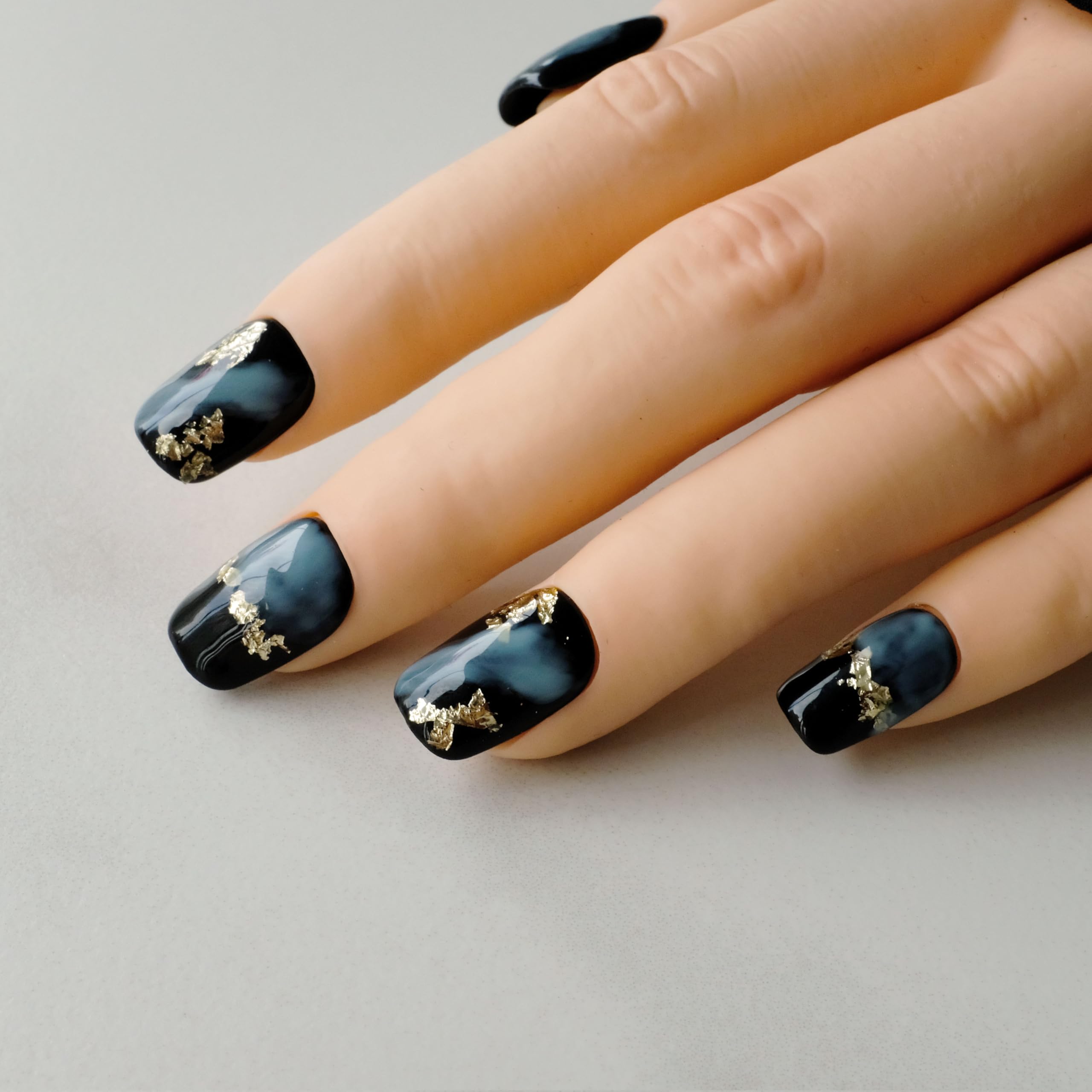 GLORS Short Square Press-On Nails – Black & Blue Marble with Gold Glitter (10 pcs, Large SS)