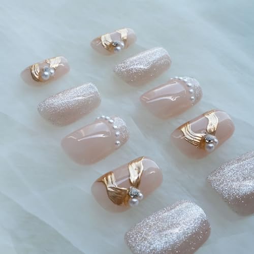 GLORS Purely Handmade Press On Nails – Elegant French Pink Pearl Gold, Short Square, 10 pcs (Medium SS)