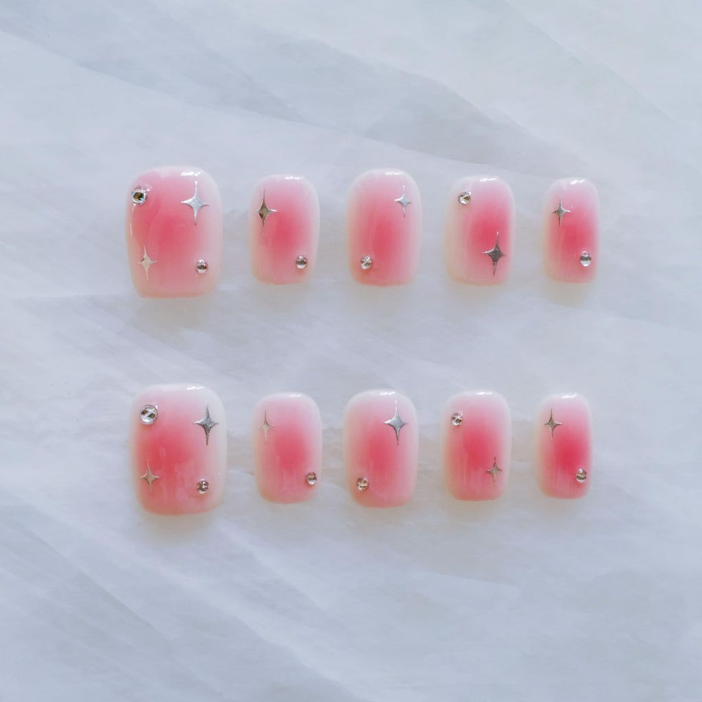 GLORS Short Square Press On Nails – Pink + Silver Stars, 10 Pcs | Salon Quality