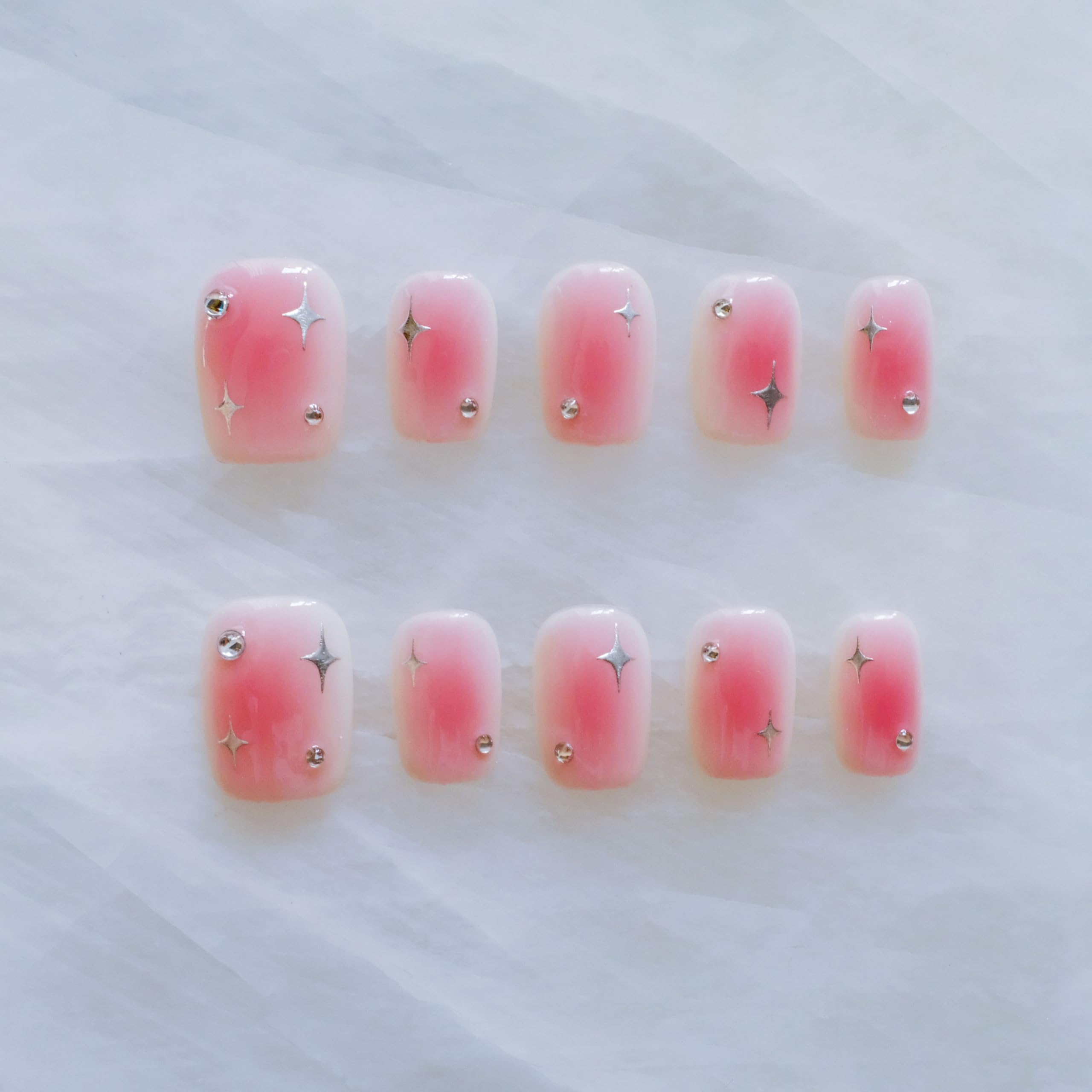 GLORS Short Square Press On Nails – Pink + Silver Stars, 10 Pcs | Salon Quality