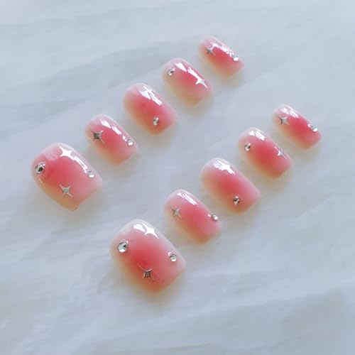 GLORS Short Square Press On Nails – Pink with Silver Stars | 10-Piece Salon-Quality Set (SS)